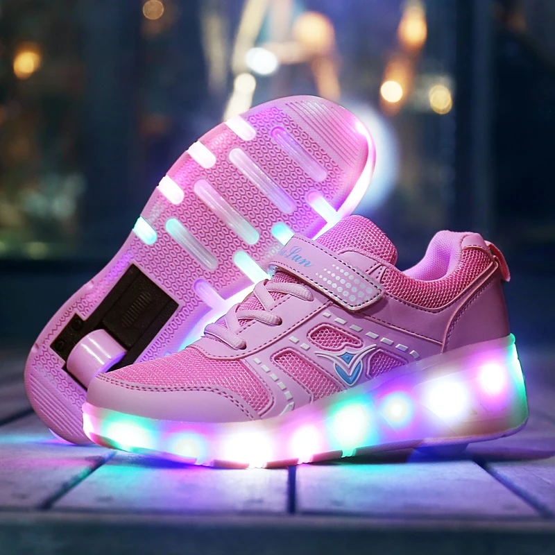 Children Roller Skate Shoes Pink Blue Boys Girls 2020 LED Light Sneakers with Wheel Boy Girl Casual Shoe Zapatillas Ruedas | Детская