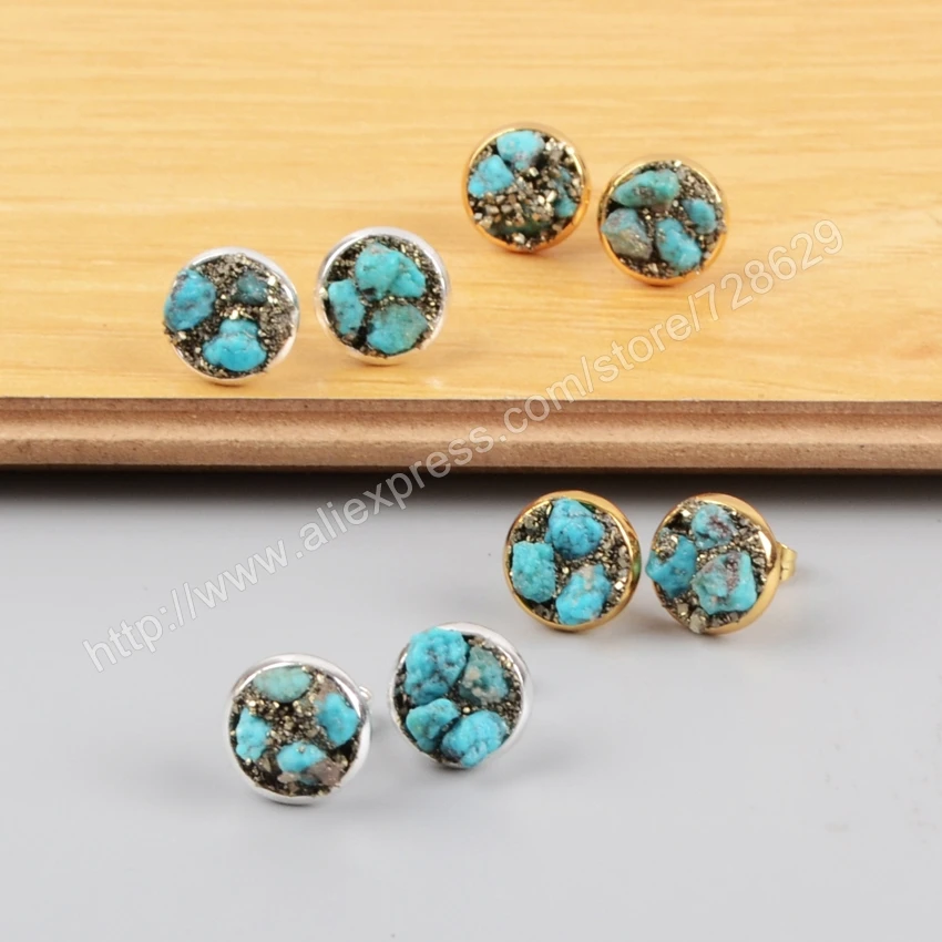 Женские серьги гвоздики BOROSA из 100% бирюзы с кристаллами пирита золотого