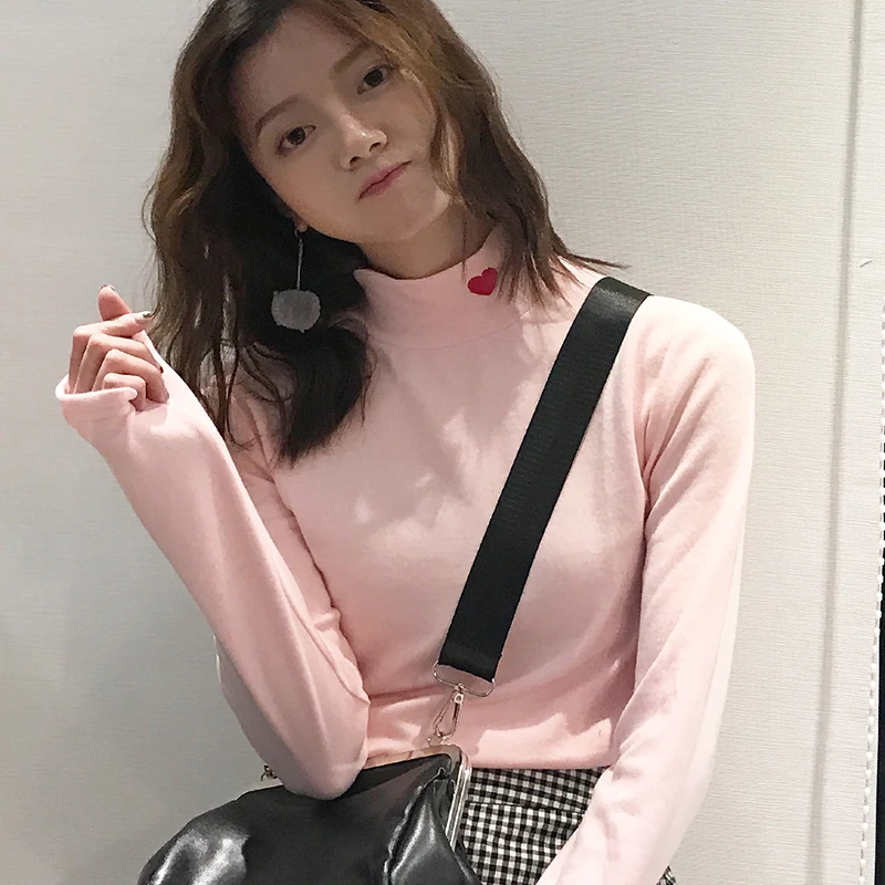 Женская Корейская Туника Kawaii для девочек с вышивкой Love Highneck эластичная