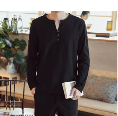 black long shirts Мужская футболка большого размера, M-7xl 8XL 9XL, футболка, льняные футболки с длинными рукавами, повседневный костюм из двух предметов с v-образным вырезом, комплекты футболок 150 кг - Цвет: black long shirts