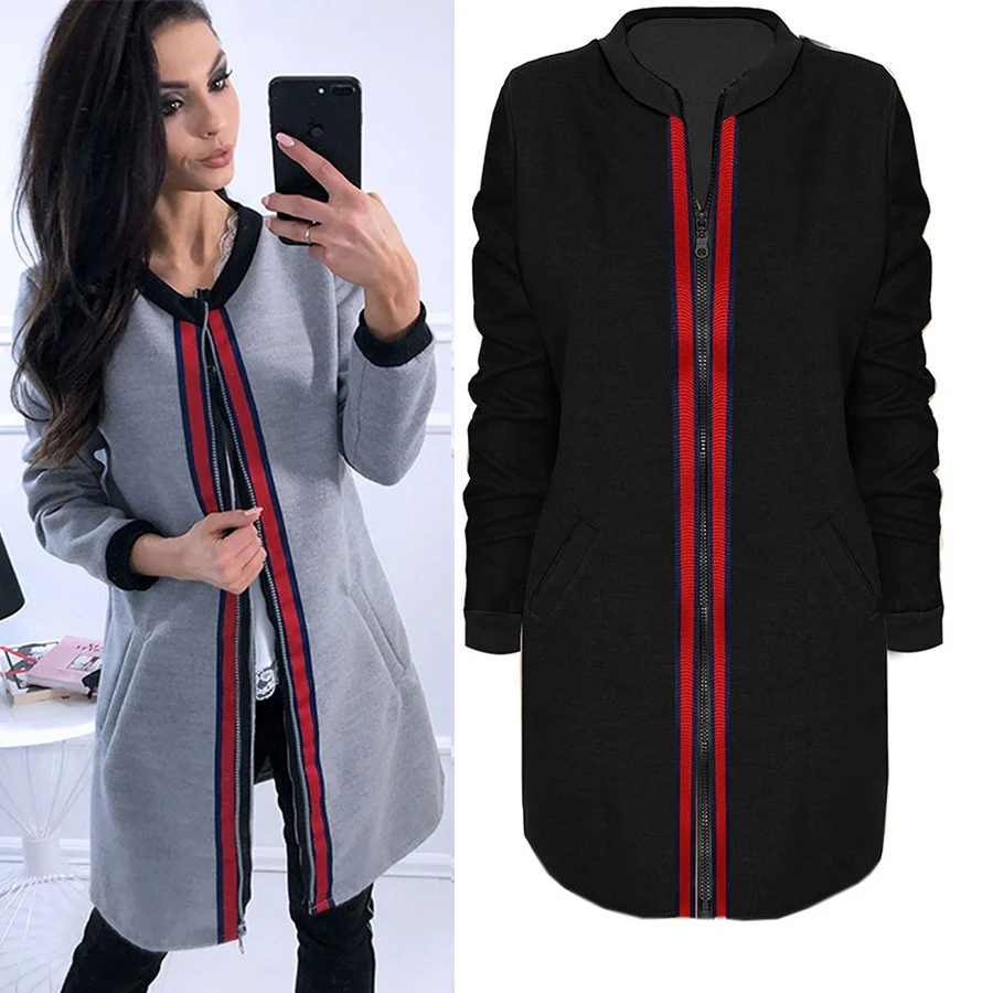 Autumn Winter Zipper Coat 2018 Fahsion New Womens Patchwork Blends Full Sleeve Pockets Casual Female Black Jumpers Warm | Женская одежда