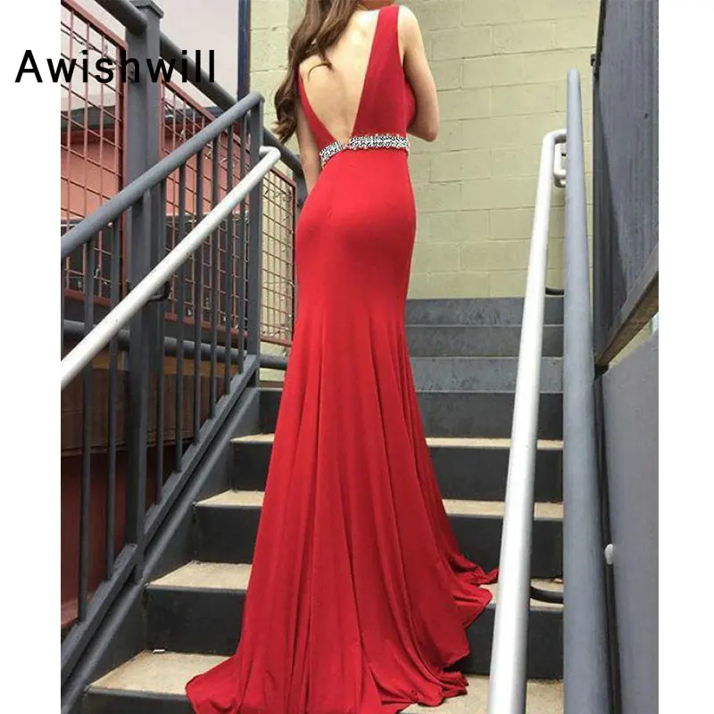 Women's Beaded Mermaid Evening Prom Dresses V-Neck Backless Long Formal Gowns Sleeveless Red Dress | Свадьбы и торжества