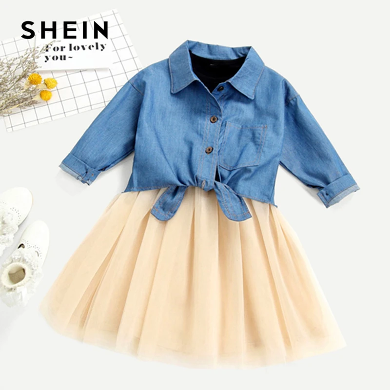 SHEIN Kiddie/комплект из джинсовой футболки с бантом и сетчатой юбки для маленьких девочек г. летние комплекты одежды с длинными рукавами для детей