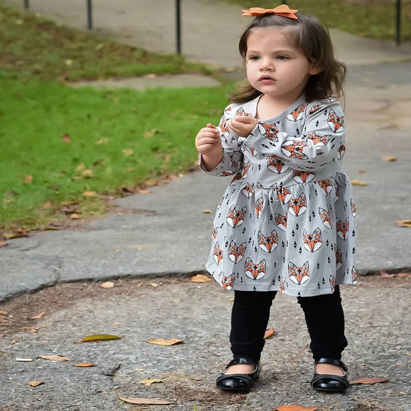 Stay Naive Girl Clothes 2021 Fall Fashion Fox Print Cotton Dress Long Sleeve Casual Apparel | Детская одежда и обувь
