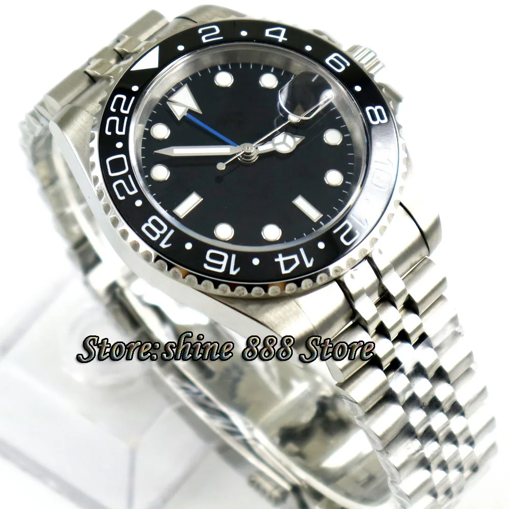 

40mm PARNIS black sterile dial black ceramic bezel Jubilee steel strap Sapphire Blue GMT automatic mens watch