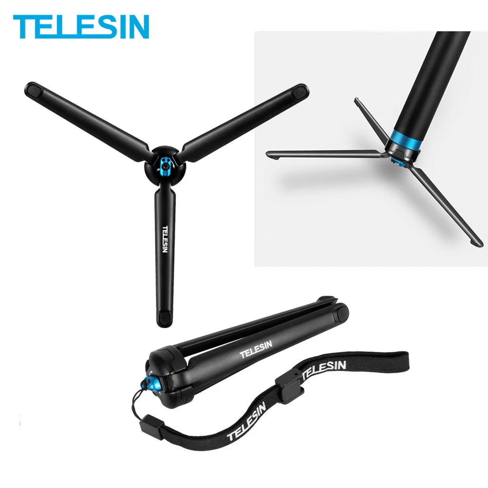 

2021 New TELESIN Aluminum Alloy Collapsible Tripod with Hand Strap For GoPro Hero 9 8 7 6 5 SJCAM Xiaomi Yi 4K DJI Osmo Action