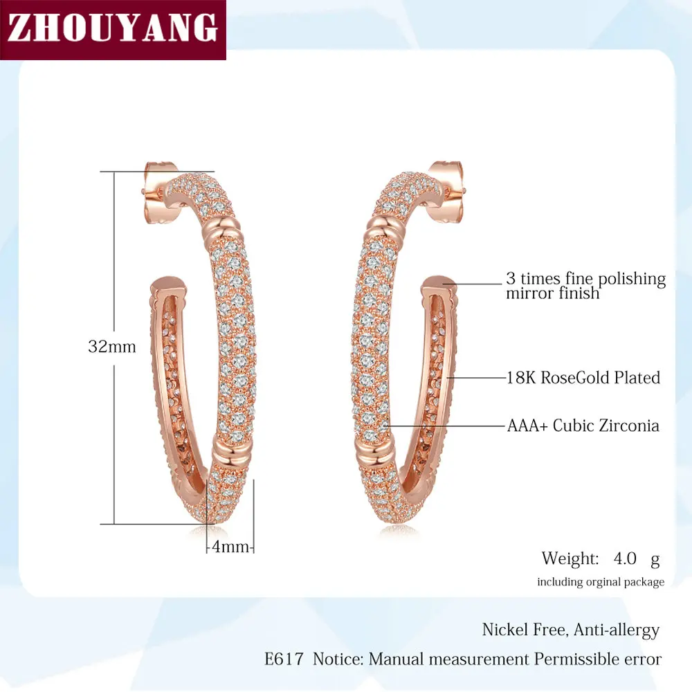 Серьги кольца ZHOUYANG ZYE617 с мозаикой из кристаллов ювелирные изделия цвета розового