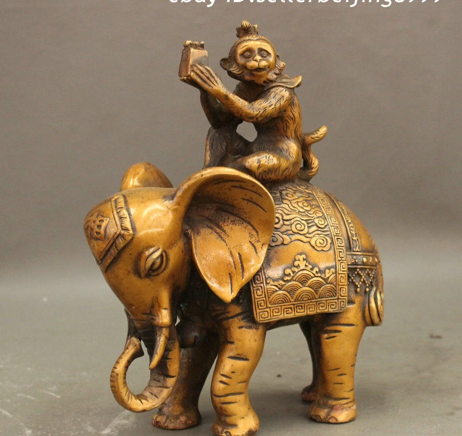 9 &quotкитайская медная бронзовая позолоченная статуя слона Happy Monkey Ride JiXiang|Статуи и