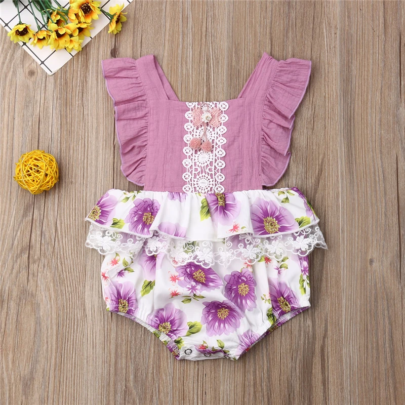 Фиолетовое боди для маленьких девочек одежда кружевной комбинезон с оборками и