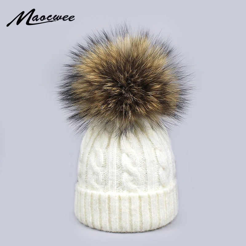 

Children Boy Girl Natural Real Raccoon Fur Pom Pom Winter Hat Cap Thick Warm Crochet Knit Bobble Kids Beanie Hat Brand 2018