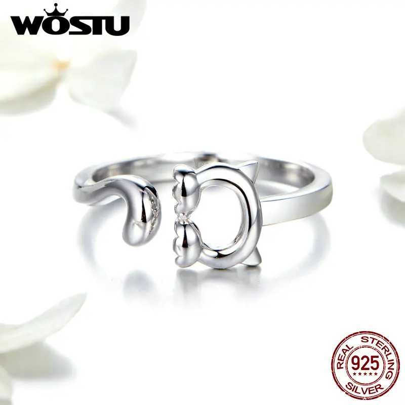 WOSTU подлинное 925 пробы серебряное Китти кот длинный хвост кольцо для свадьбы