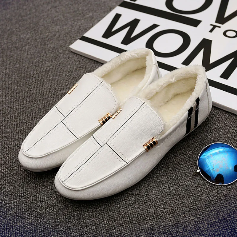 White casual men's shoes sports breathable winter students plus velvet flat new one pedal lazy peas | Обувь