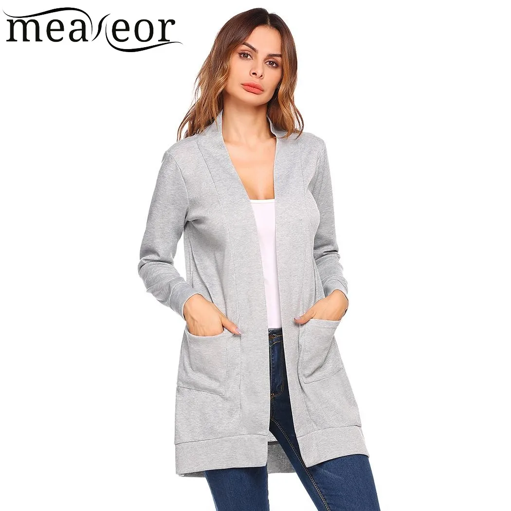 Meaneor 2017 New Women Casual Autumn Cardigan Long Sleeve Solid Open Front Cardigans Sexy Loose Lady Sweater with 2 pockets Tops |