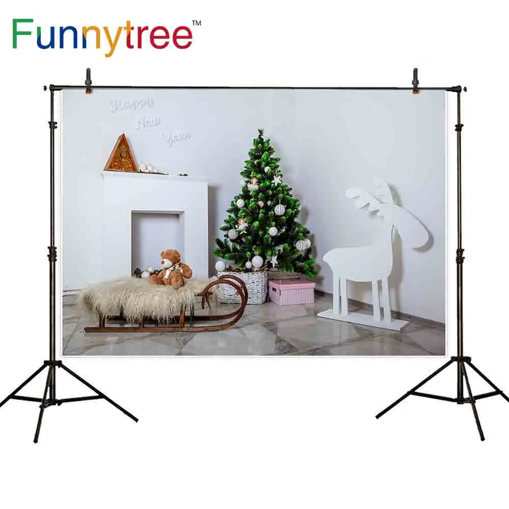 Фон для фотосъемки Funnytree Рождественская Елка белая стена сани доска игрушка