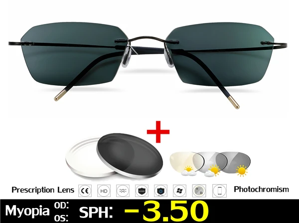 Black Myopia -3.50 Без оправы Титан очки, оправа, фотохромные очки для близорукости Для мужчин Для женщин Хамелеон очки с диоптриями-1,0 1,5 2,0 2,5 3,0 - Цвет оправы: Black Myopia -3.50