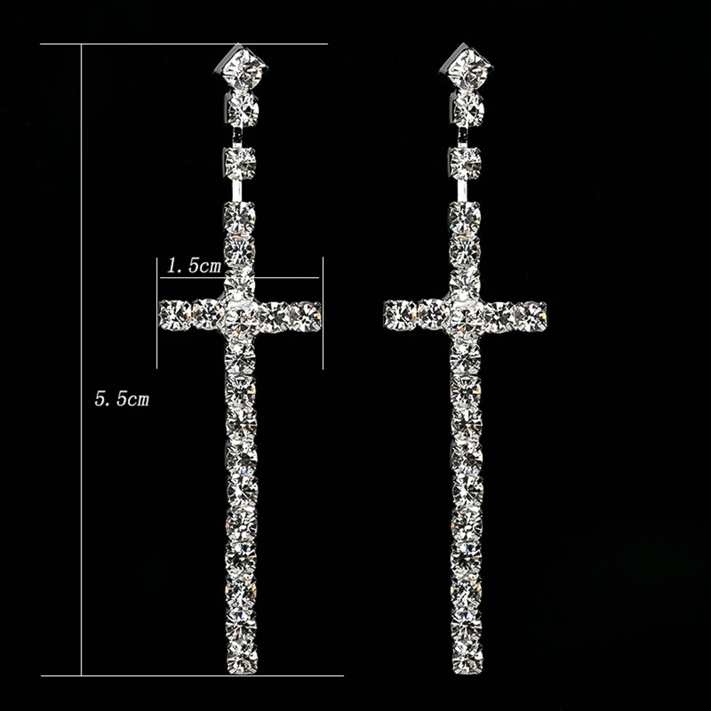 

Women's Romantic Rhinestone Earrings Cross Pendant Single Double Rows Dangle Eardrop Earrings Pendientes Sliver aretes de mujer