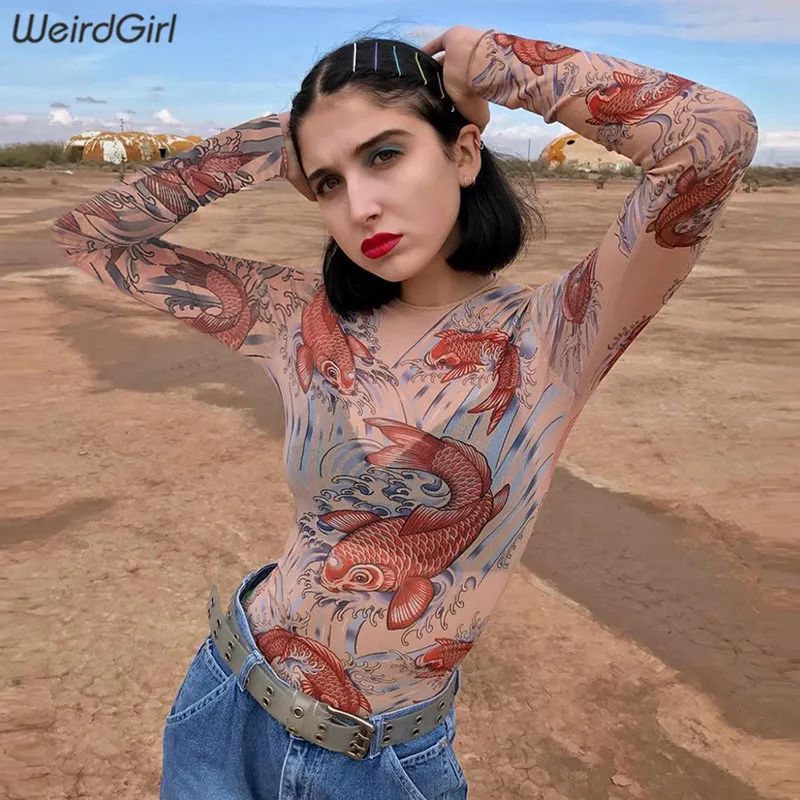 Weirdgirl, женский сексуальный прозрачный комбинезон, сетчатый, с принтом рыбы, обтягивающий, полный рукав, Круглый ворот, комбинезон, узор, Клубные, вечерние, комбинезоны, femme, Новинка