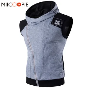 Мужская толстовка без рукавов, с капюшоном, кожаная, в стиле пэчворк, куртка на молнии для бодибилдинга