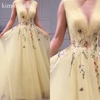 yellow prom dresses deep v neck embroidery lace appliques flowers long evening dresses gowns vestidos de fiesta 2019