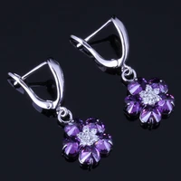 graceful flower purple cubic zirconia white cz silver plated drop dangle earrings v0764
