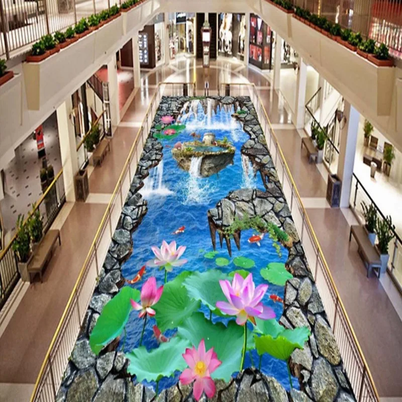 

3D обои для кухни, балкона, пола, карпа, лотоса, водопадов