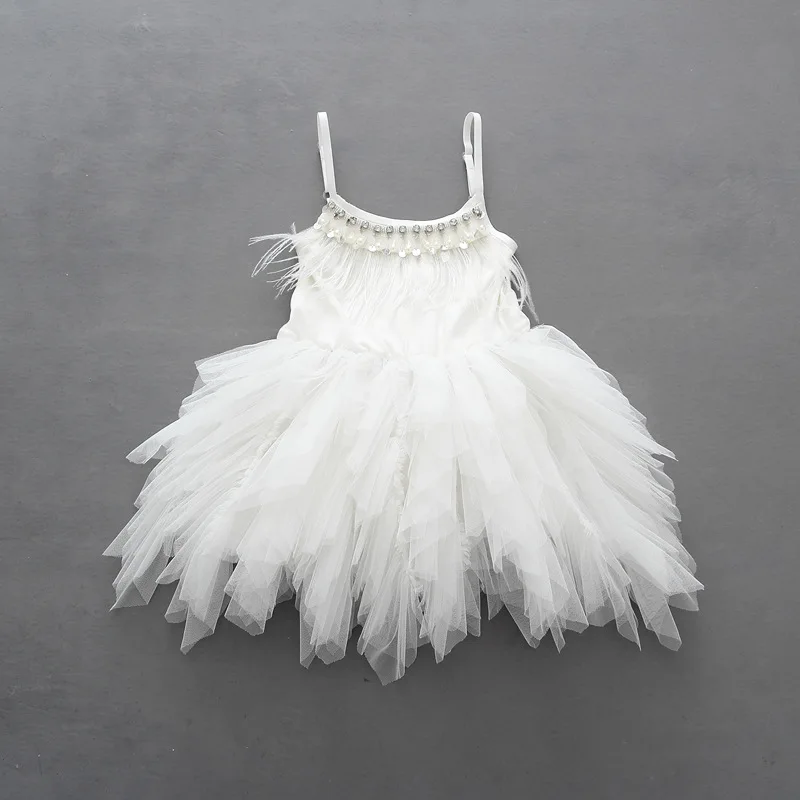 Girls Flower Dress Korean Princess New Model 2018 Summer Kids Wedding Dresses Feather Pearl Bling Mesh Children Frocks White | Детская