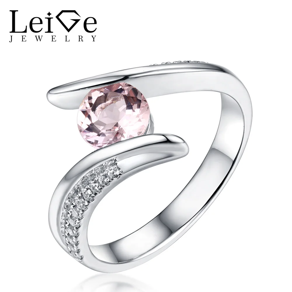 

Leige Jewelry Round Cut Bezel Setting Natural Morganite Ring Pink Gemstone Sterling Silver Wedding Rings for Women Fine Jewelry