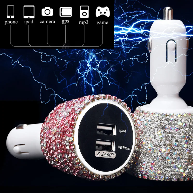 Автомобильное зарядное устройство с двумя usb-портами 3,1 А, автомобильный прикуриватель со стразами, универсальный автомобильный держатель для телефона, usb-кабель для передачи данных, отображение напряжения