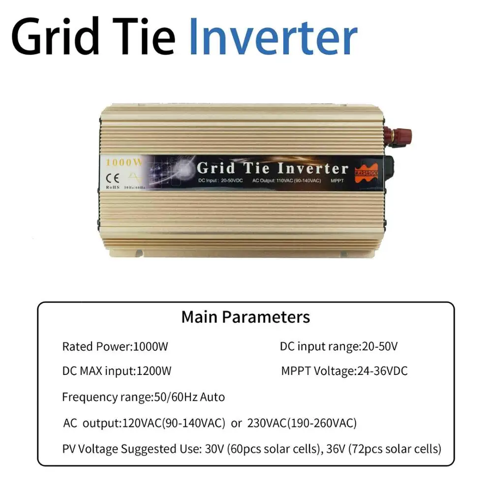 golden color 1000 Вт сетки галстук инвертора микро-инвертор, 20V-50VDC, 90 V-140 V или 190V-260VAC, работоспособность для 1200 Вт, 24 В, 30 в, 36 В солнечная панель или ветровая системы - Цвет: golden color