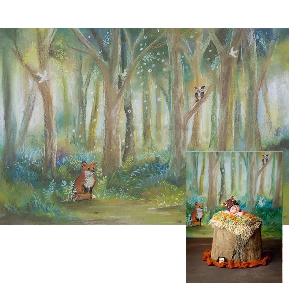 

Oil Painting Forest Trees Newborn Baby Shower Backdrop Photography Prop Printed Fox Birds Kids Jungle Theme Party Background