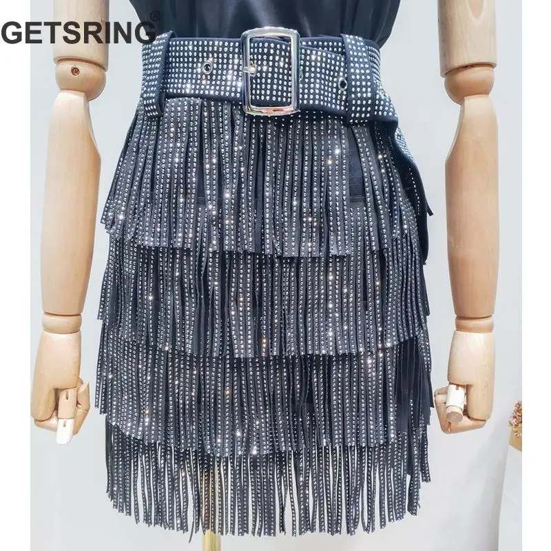 GETSRING, Женская юбка, горячая распродажа, с блестками, с кисточками, высокая талия, мини-юбка, подходит ко всему, модные женские черные юбки, весна-лето