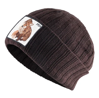 Зимняя женская шапка Осенняя Вязаная Шерстяная Skullies Женская вышитая береты бини кепки в стиле хип-хоп Милая лиса горрас - Цвет: Коричневый