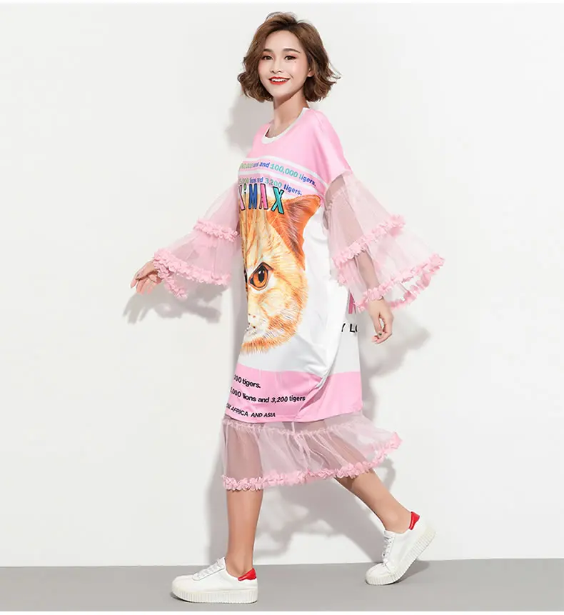 XITAO Thailand Street Print женское летнее платье с круглым вырезом и длинными рукавами, с рисунком кота, с сеткой, женская одежда, новинка DLL2101