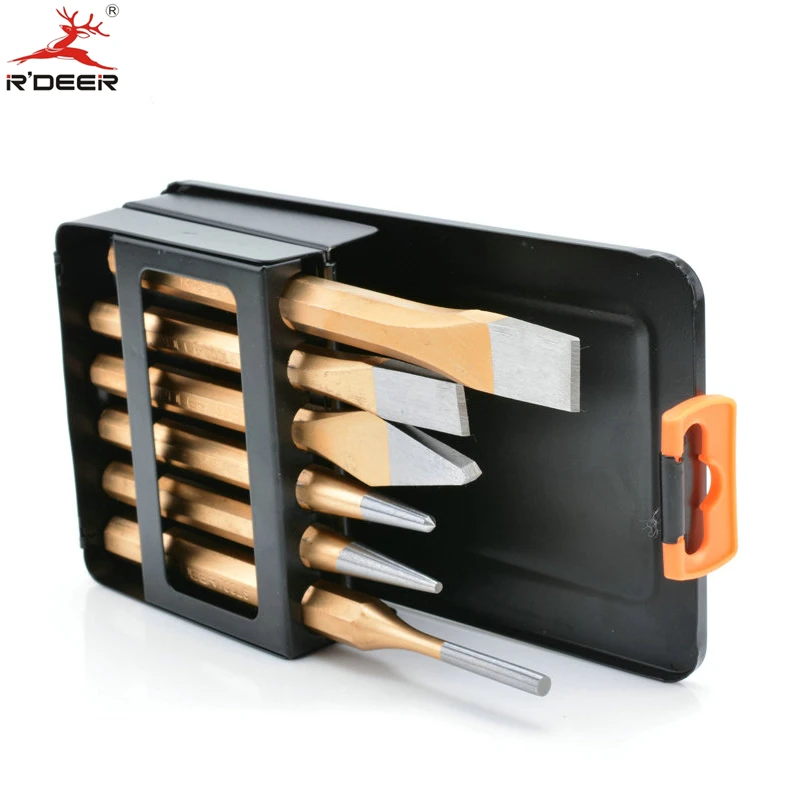 

RDEER 6Pcs Striking Punch Chisel Kit For Stone Processing Construction Masonry Plow Bit CR-V Center Pin Chisels Punches Tools