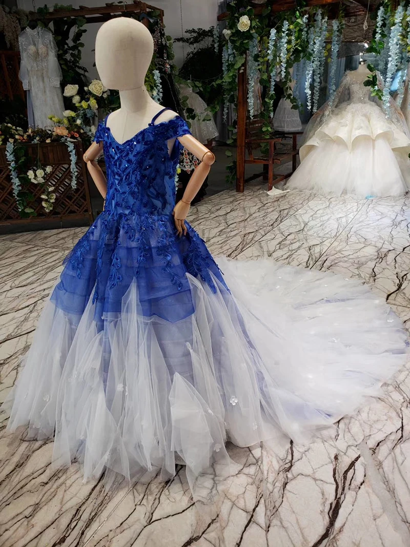 Синее Пышное Платье для девочек с открытыми плечами и аппликацией из бисера