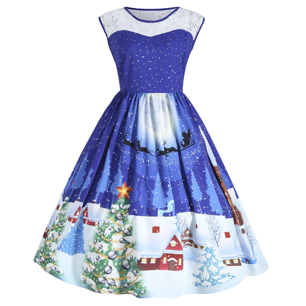 Wipalo Christmas Vintage Plus Size Dress Women Floral Printed Knee-Length Cute Party Sleeveless Lace Vestidos Femme | Женская одежда