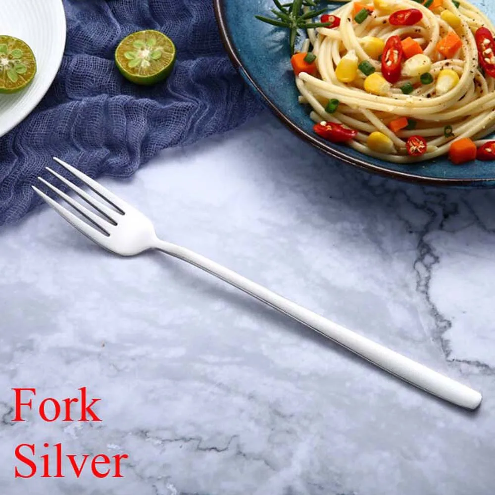 Fork silver Посуда из нержавеющей стали цвета радуги ложка с длинной ручкой вилка Совок Мороженое Ложки для чая и кофе столовые приборы кухонные принадлежности - Цвет: Fork silver