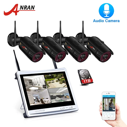 Black ANRAN P2P 4CH 12''LCD монитор NVR 2,0 MP 36IR Водонепроницаемая наружная пуля 1080P видео аудио IP Беспроводная камера система безопасности HDD - Цвет: Black