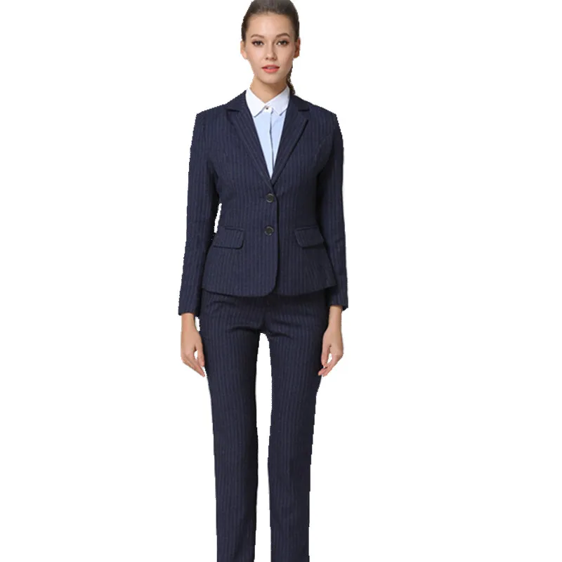 Fmasuth синий в полоску брюки костюм для Для женщин длинный рукав Блейзер Куртка +