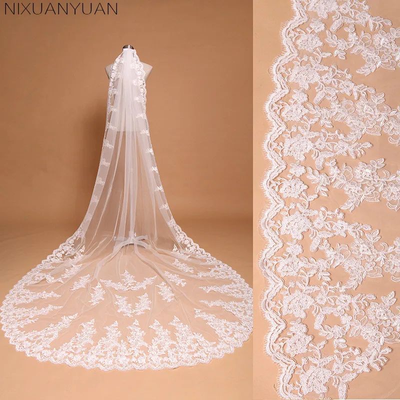 

2023 New Style Wedding Veils Veu De Noiva Lace 3M Long Wedding Veils Ivory White One layers Comb Tulle Bridal Veils