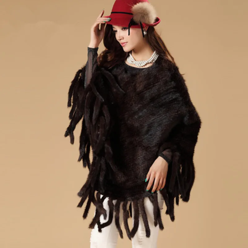Осень зима 2018 женские шали из натурального меха норки пуловер с кисточками