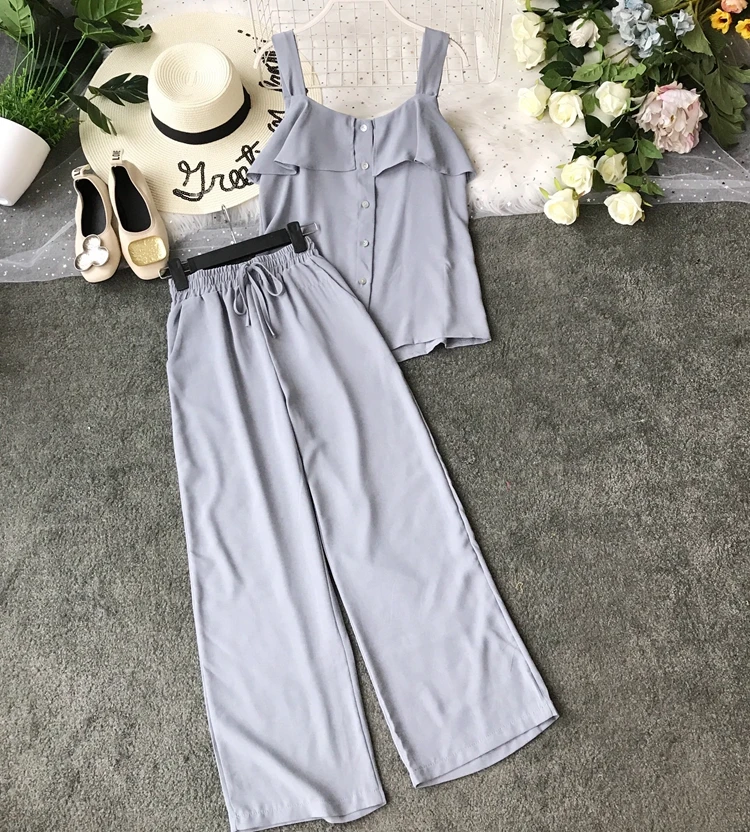 ALPHALMODA/ летний однобортный Топ с оборками+ широкие брюки, Женский повседневный комплект из 2 предметов, женские летние однотонные штаны, костюмы