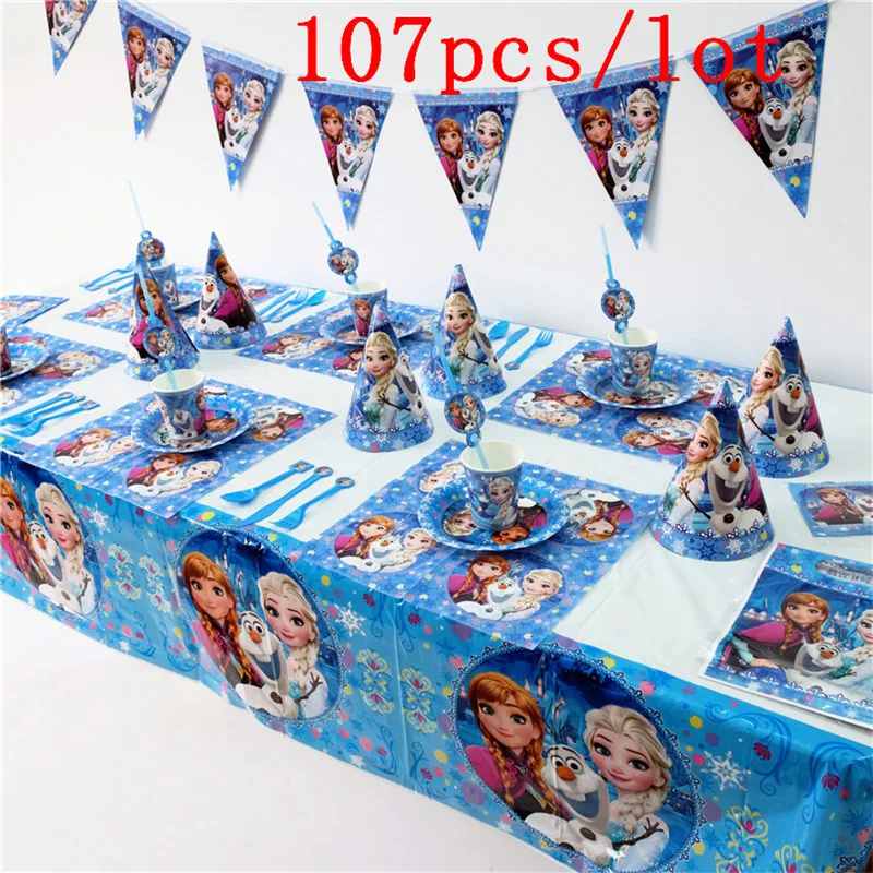 

High Quality Disney Frozen Theme Paper Cup Plate Invitation Card Cap Kid Birthday Party Noise Maker Decoration Supply 107Pcs/lot