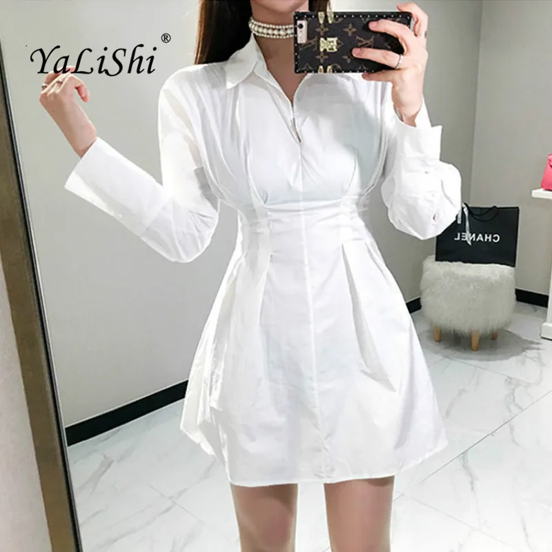 

Solid Plus Size A-line Dress 2018 Autumn Women White Full Sleeve Turn-down Collar Casual Shirt Mini Dress Office Short Dresses