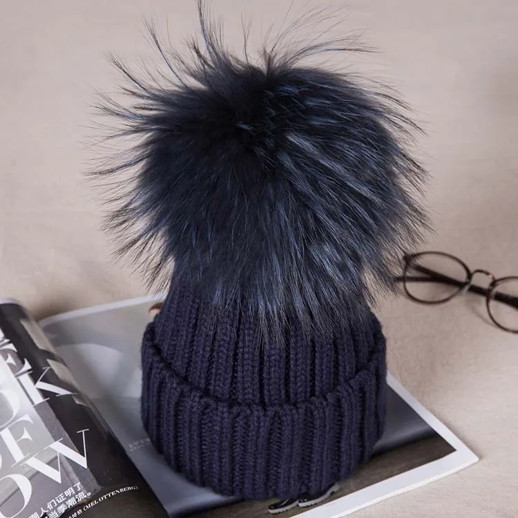 Navy blue children Детские зимние меховые шапки для женщин, теплые вязаные с помпоном, детские меховые шапки с помпоном, детские шапки с помпоном из натурального меха енота для девочек - Цвет: Navy blue children