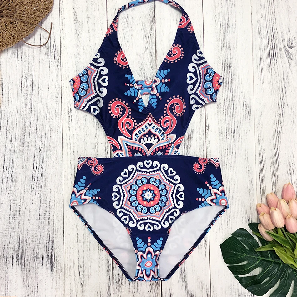Женский слитный купальник с принтом новый дизайн 2019 бретелькой через шею