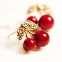 2018 new fashion cute lovely red cherry earrings rhinestone leaf bead stud earrings for woman jewelry boucle doreille femme