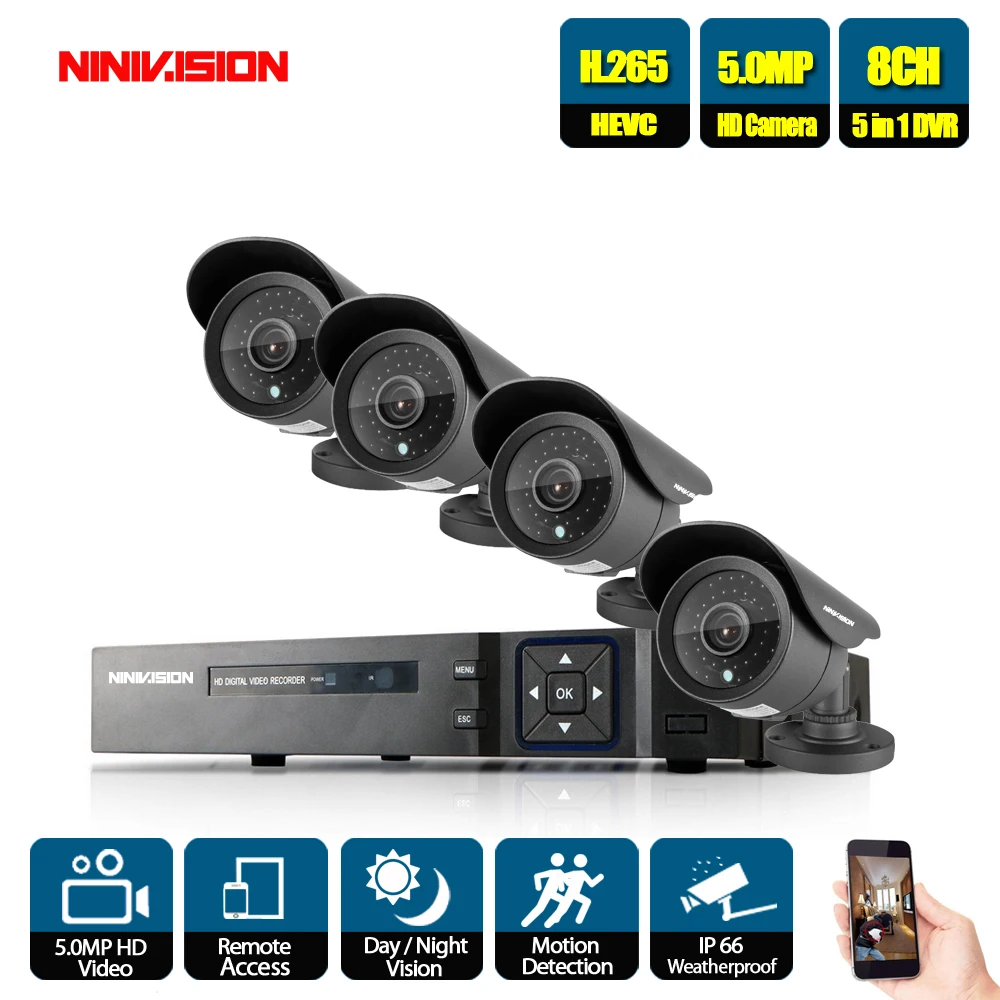 Черный 5MP Ultra HD 8CH DVR H.265+ CCTV камера системы безопасности 4 шт. IP66 Водонепроницаемая наружная 5MP камера металлическая камера видеонаблюдения - Цвет: Черный
