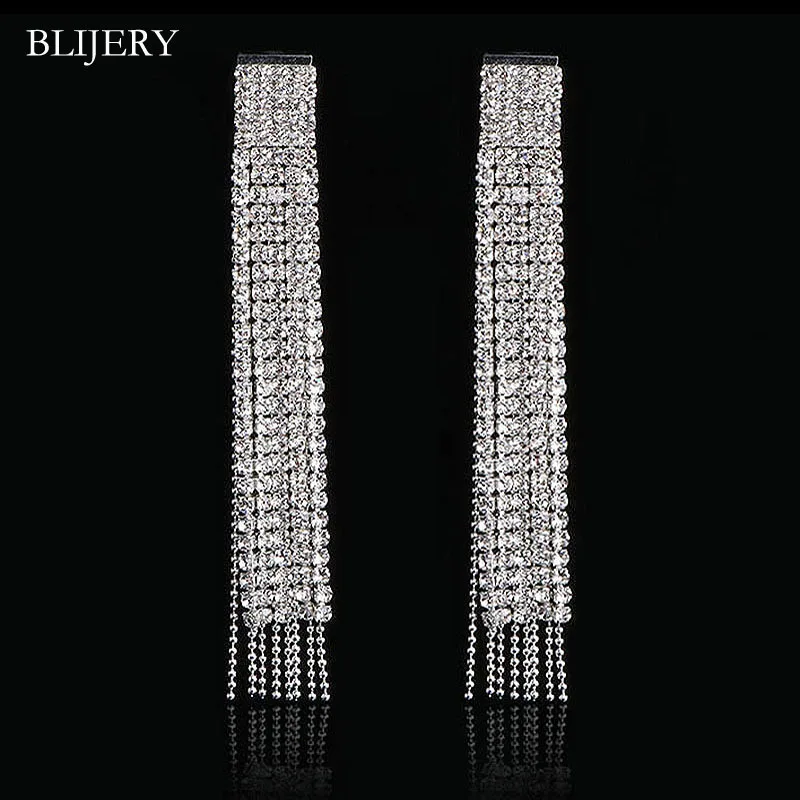 BLIJERY Silver/Black/Gold Color Crystal Long Tassel Earrings for Women Bar Wedding Bridal Dangle Earings Night Party Jewelry