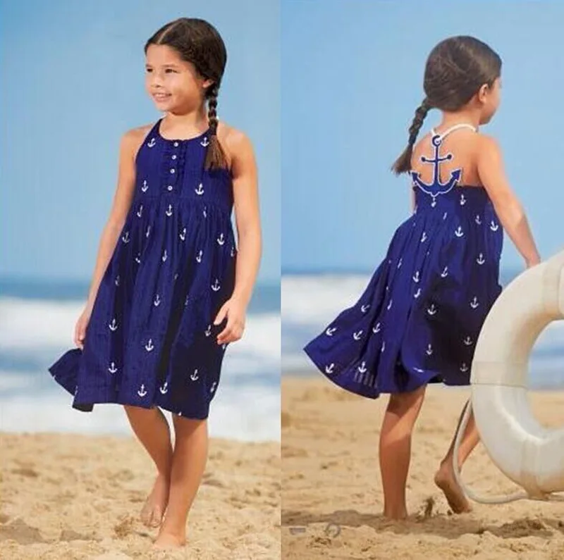 2017 г. Темно-синее платье для девочек с рисунком якоря летние хлопковые милые